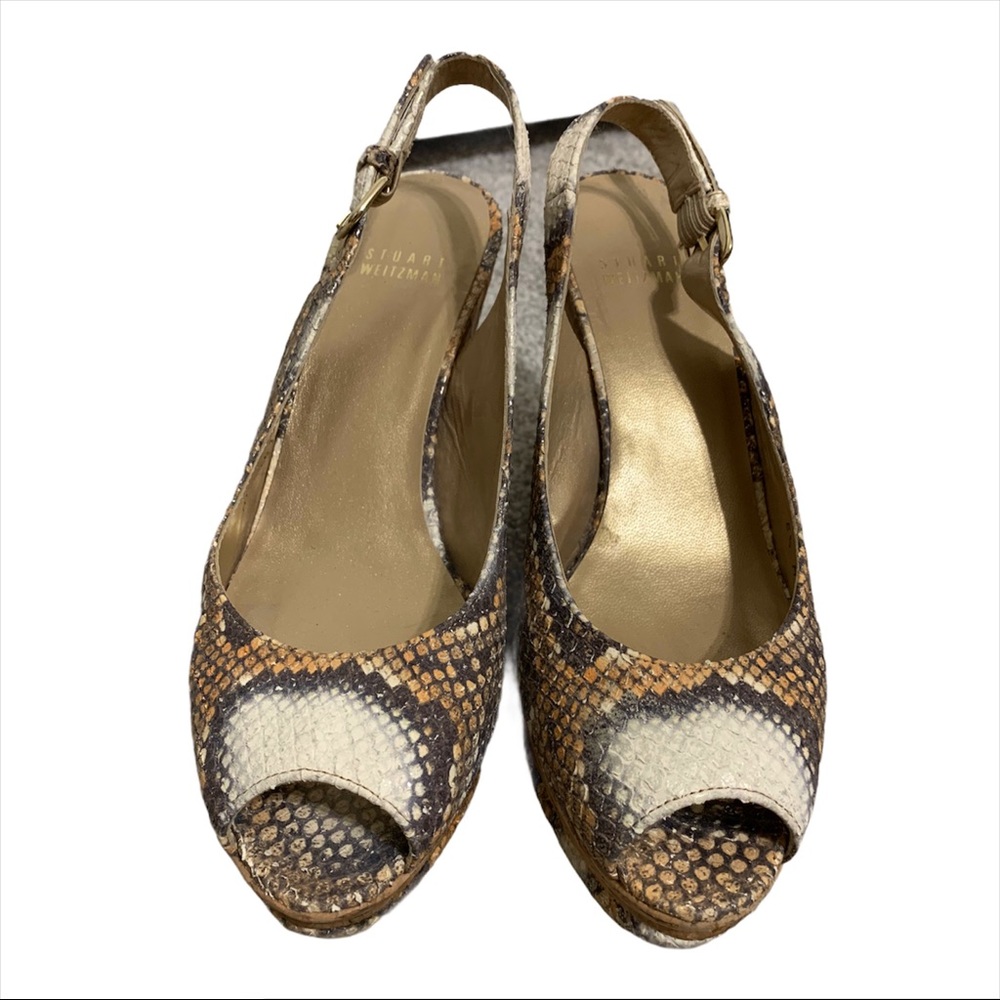 STUART WEITZMAN Snake Embossed Leather Cork Wedges - Picture 2 of 7